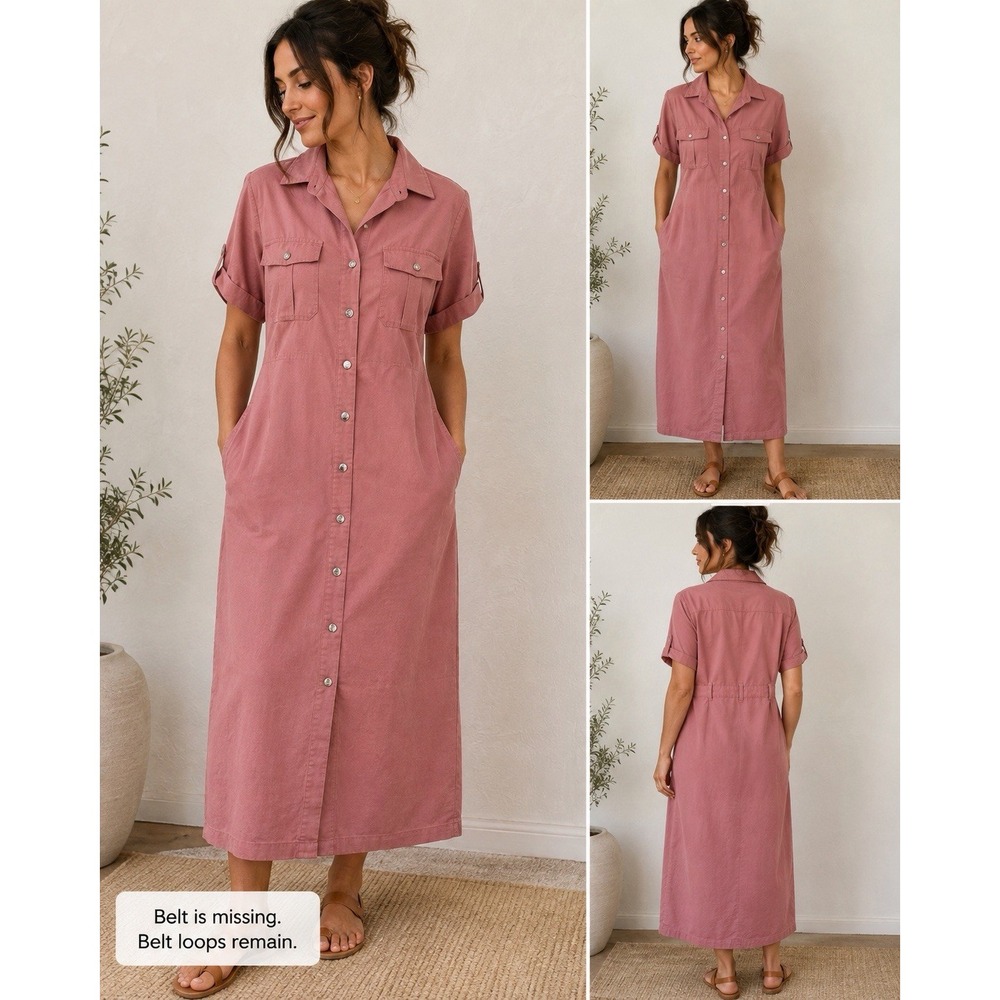 Vintage L.L.Bean Shirt Dress Womens 16 Pink Mauve Cotton USA Safari Utility Midi